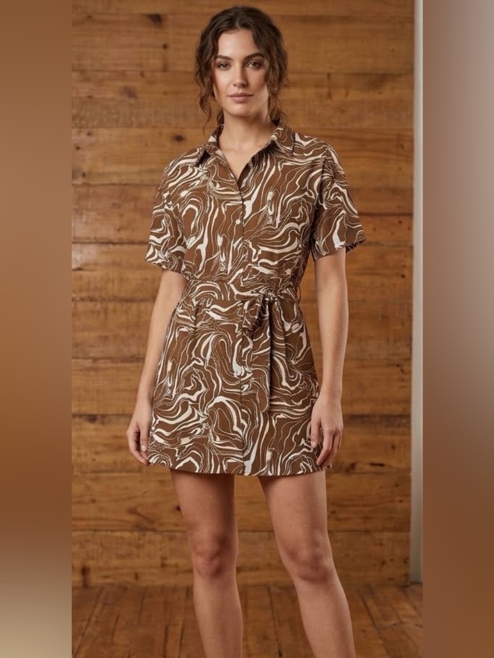 A.C.G.Los Angeles Brown Swirl Short Sleeve Shirt Dress with Tie Waist NWOT
